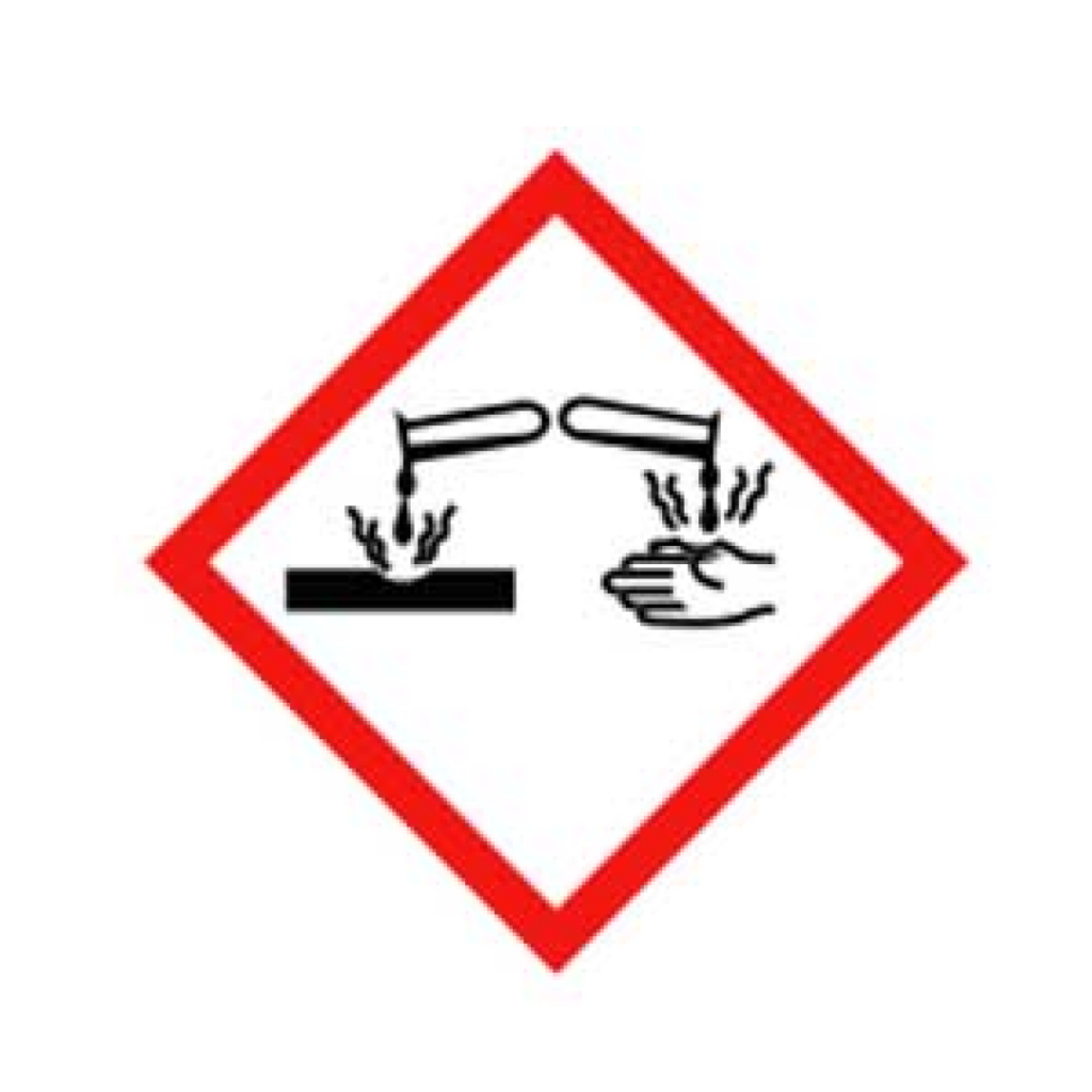 Produkter merket med dette symbolet inneholder kjemikalier som forårsaker etseskader ved hudkontakt, innånding, svelging, øyekontakt eller lignende. Symbolet brukes også for kjemikalier som er etsende for metaller