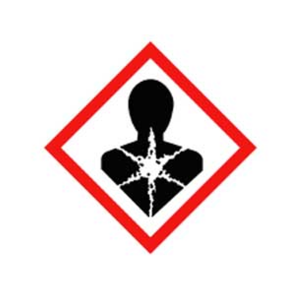 Produkter merket med dette symbolet inneholder kjemikalier som forårsaker kroniske helseskader som for eksempel kreft, skader på arvestoffet og redusert fruktbarhet, eller som kan gi allergi ved innånding, kjemisk lungebetennelse eller andre alvorlige skader. 