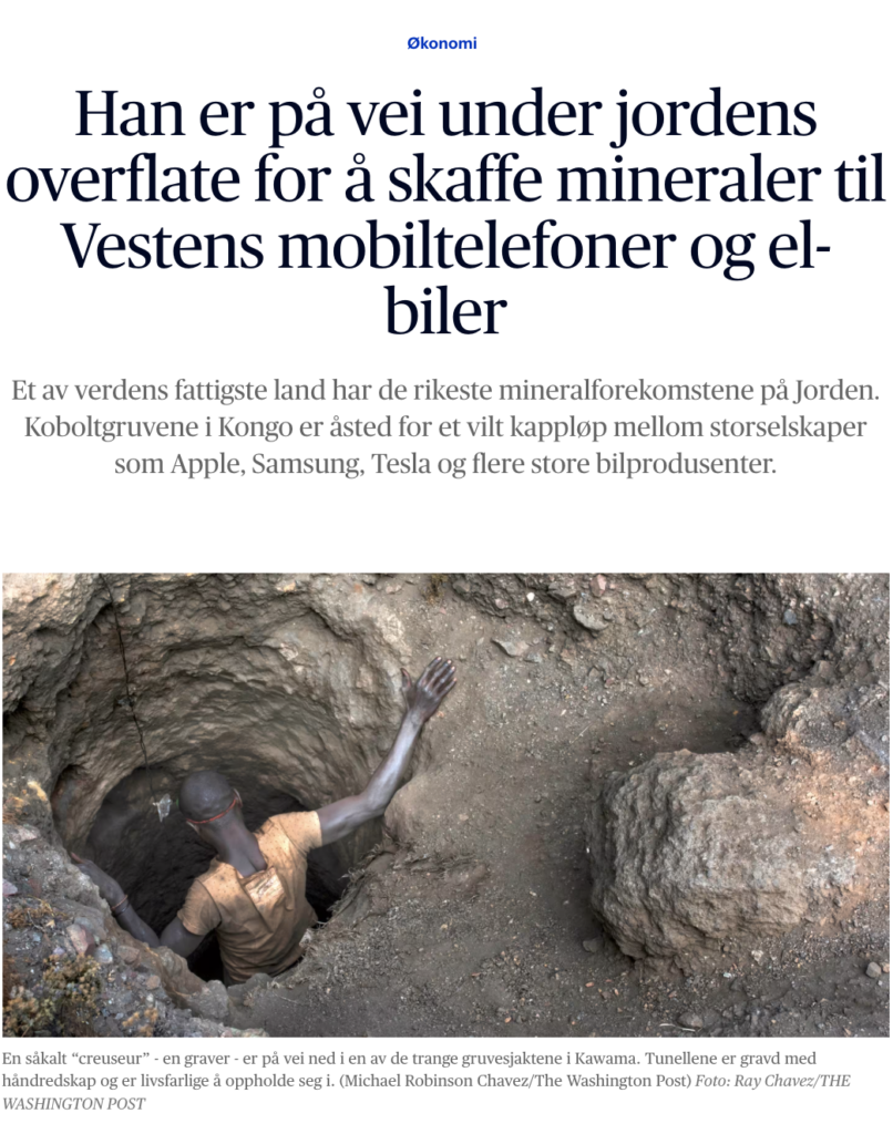 Faksimile Aftenposten. Sakffer mineraler til Vestens mobiltelefoner og elbiler.