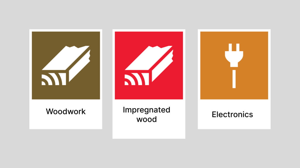 Example of vertical signs with different heights. The waste type name is top-aligned, but the white field has different heights: