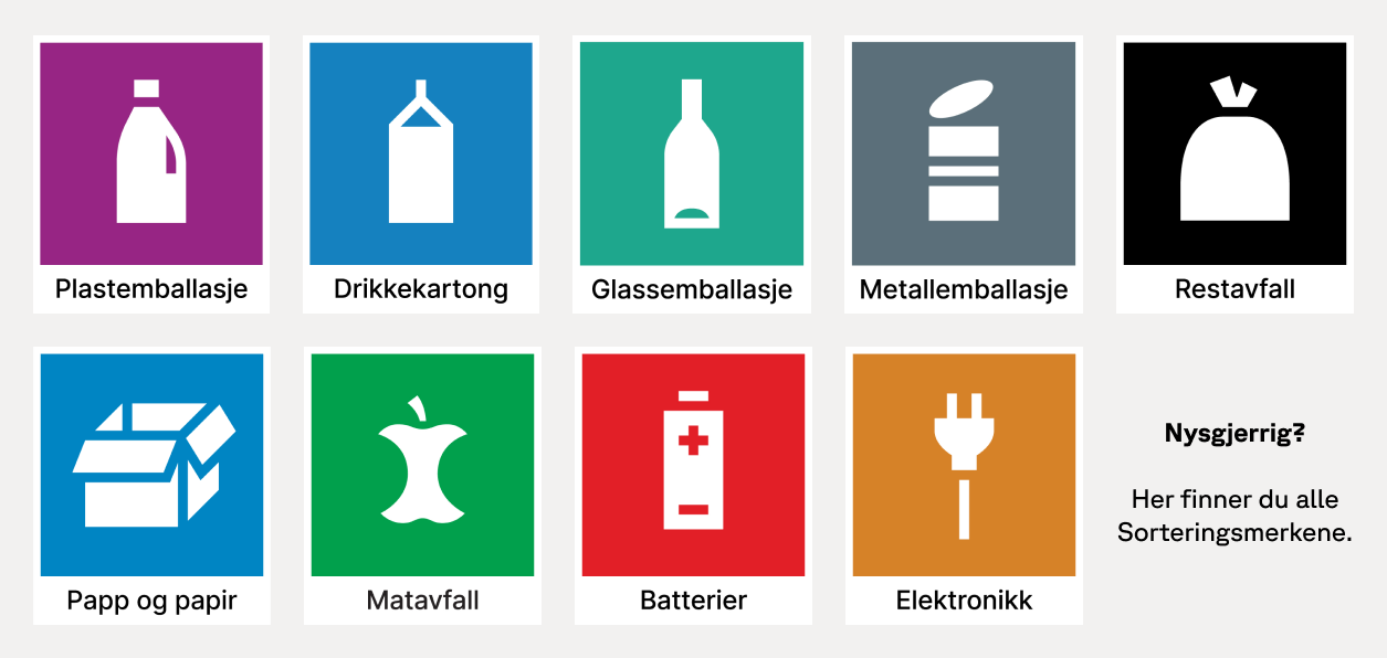 Sorteringsmerkene gjør det enklere å kildesortere. Finn Sorteringsmerket på emballasjen eller besøk sortere.no om det er noe mer du lurer på.