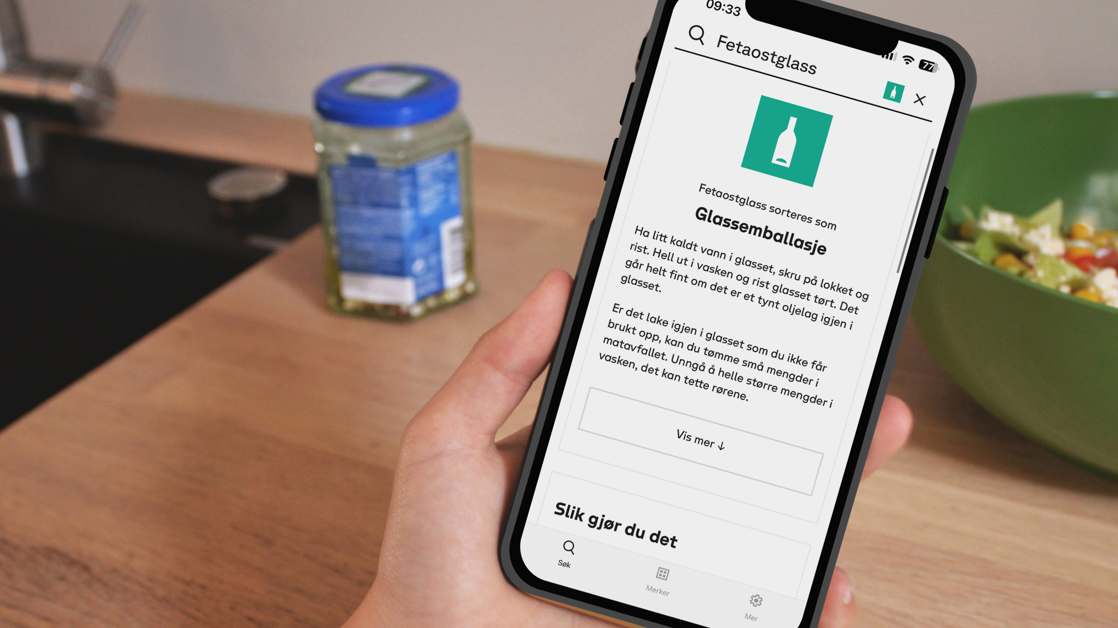 Bilde av Sortere-appen som forteller deg hvordan du kildesorterer uansett hvor i landet du bor.