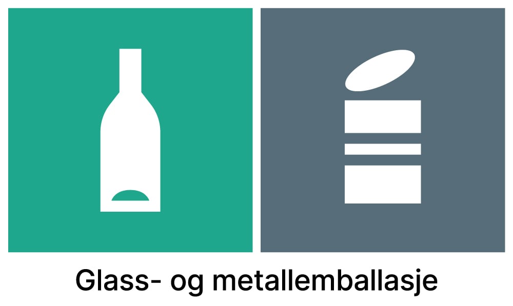 Sorteringsmerket for glass- og metallemballasje. Merket består av kombinasjonen av merkene for glassemballasje og metallemballasje.